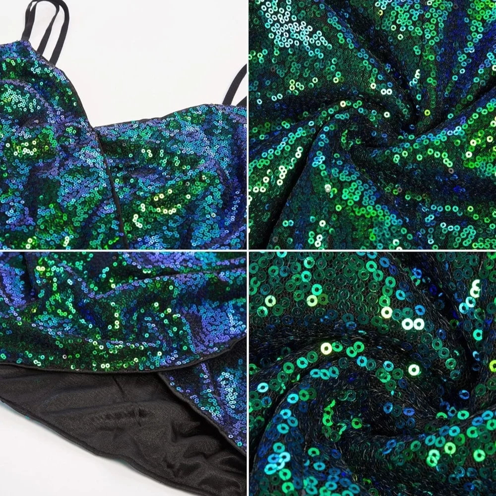 NWT Sequin Ruched V-Neck Dress in Iridescent Green and Blue - Picture 9 of 11